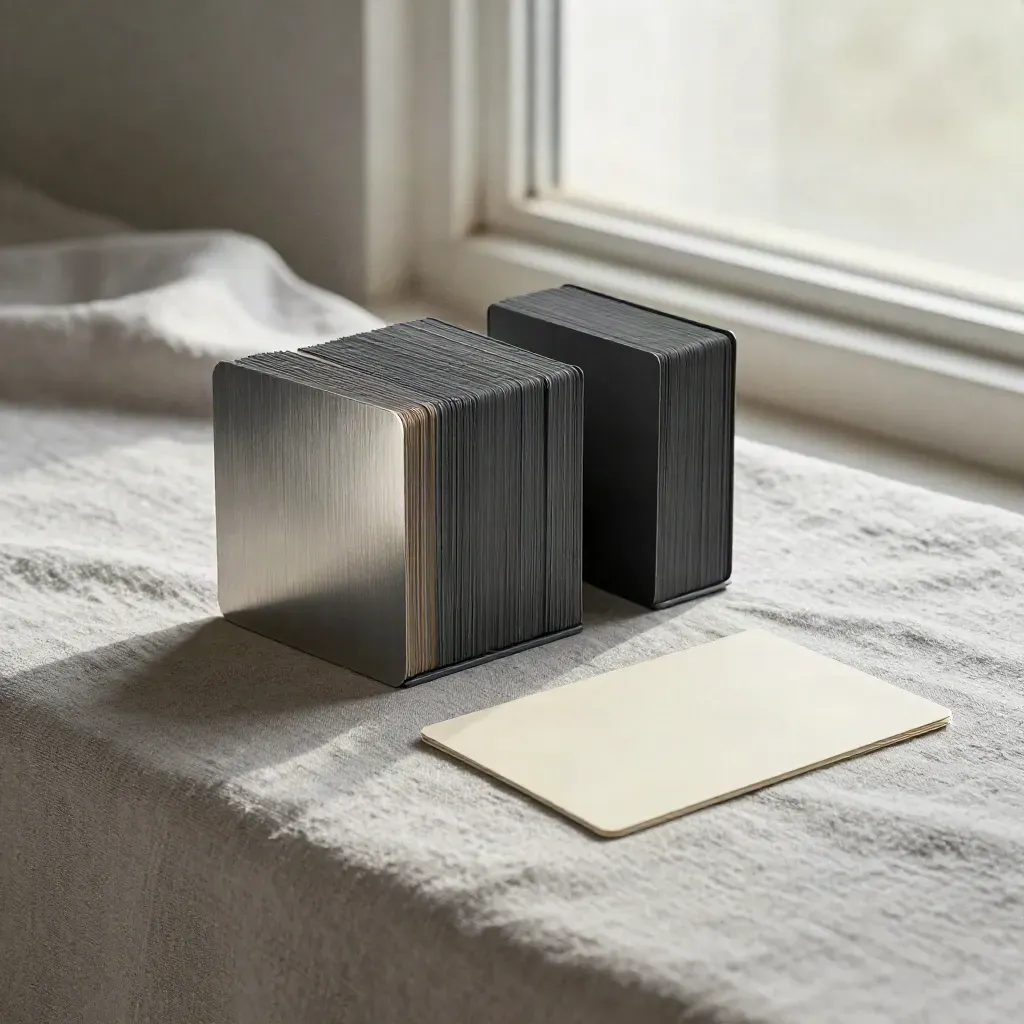 Charcoal logo sprint pack with cards and sample sleeve on draped linen, softly lit and cinematic.