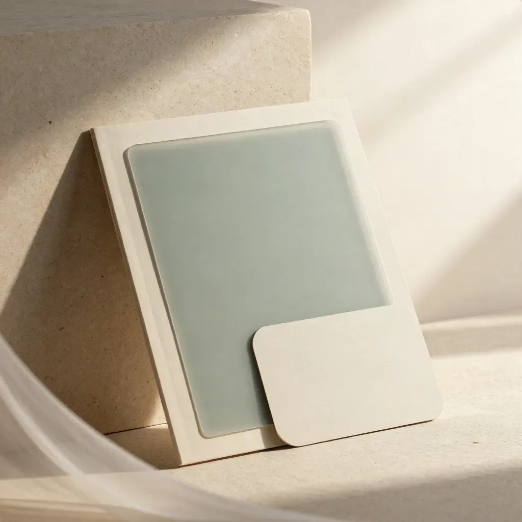 Layered landing page kit materials leaning against a brushed stone block in warm light.