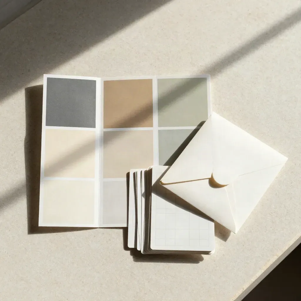 Overhead flatlay of an identity system with booklet, swatches, grid cards, and envelope on limestone.