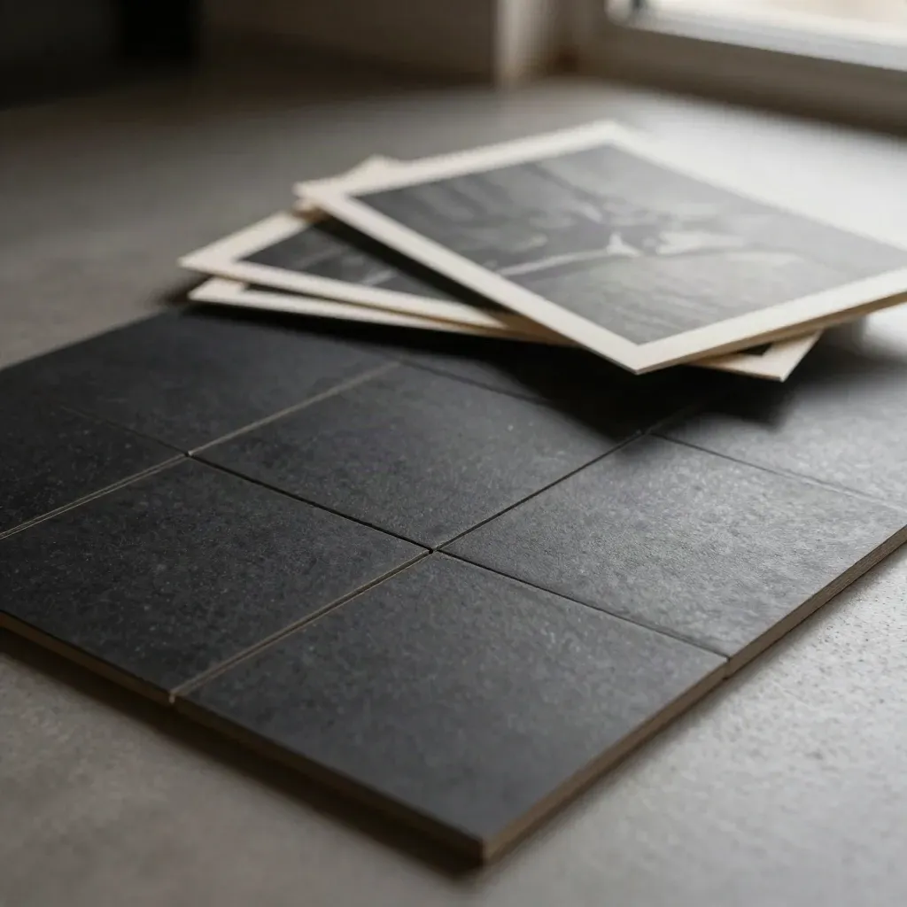 Charcoal social template set with tiles, sleeve, and floating proof sheets on matte black.