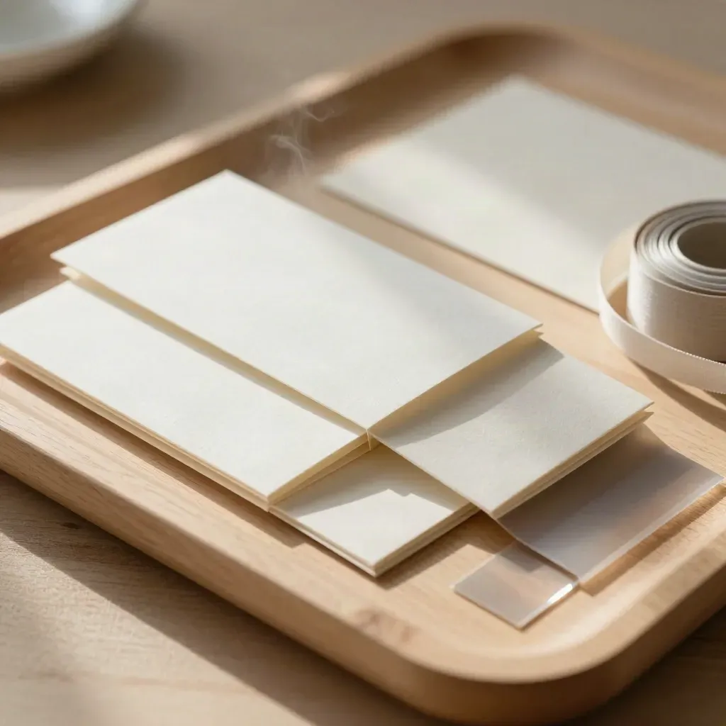 Packaging label set on a pale wood tray with ribbon and folded sleeves in soft morning light.