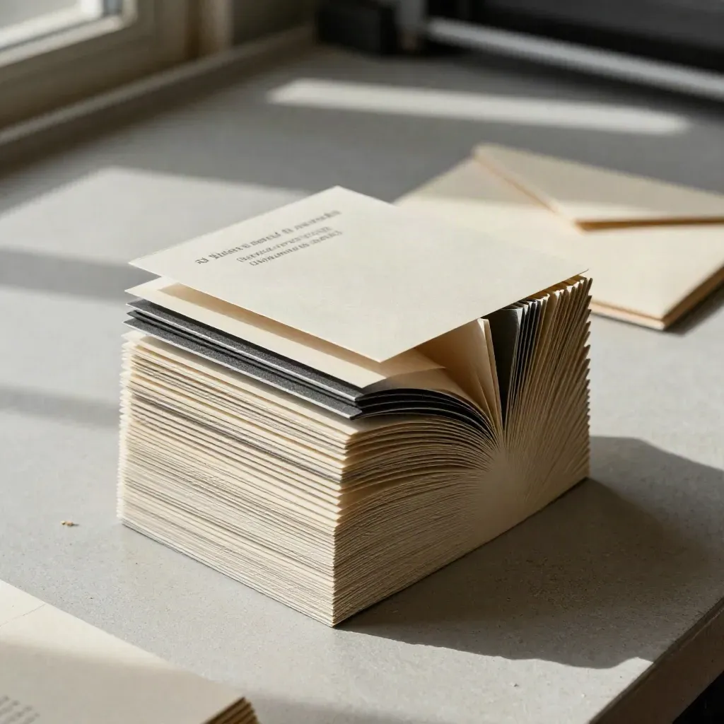 Macro fan of thick print collateral cards, menus, inserts, and an envelope on a press bed.