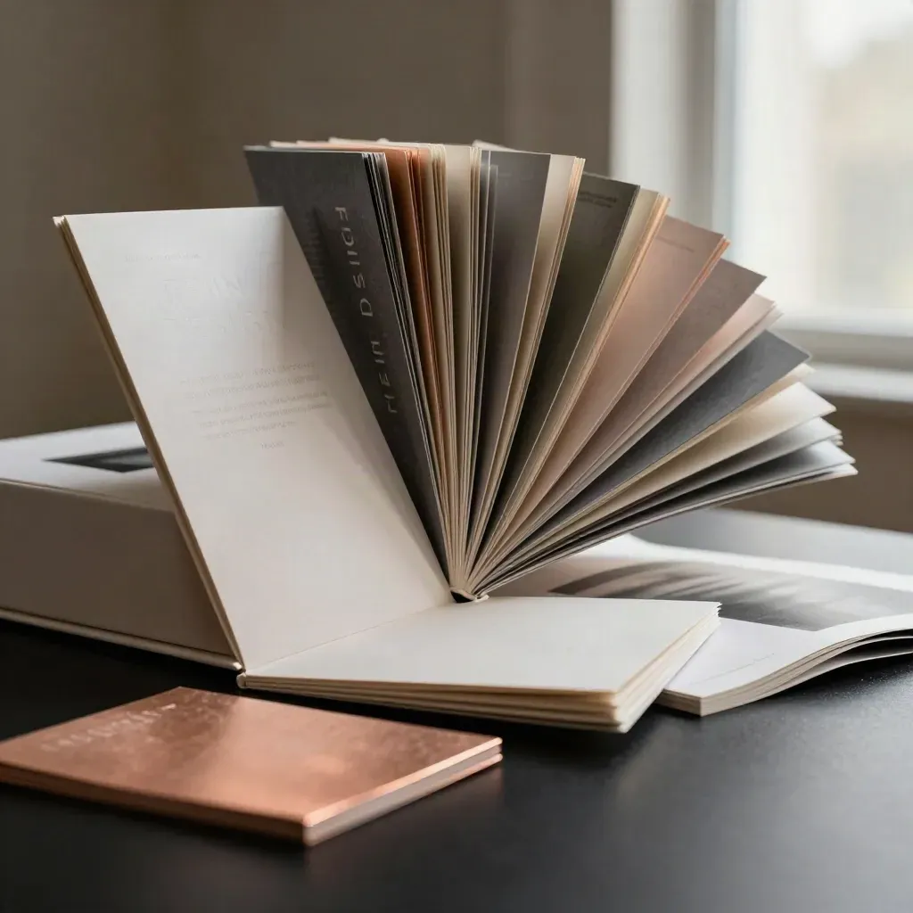 Open brand bundle with box, booklet, swatches, page tiles, and print sheets on a dark plinth