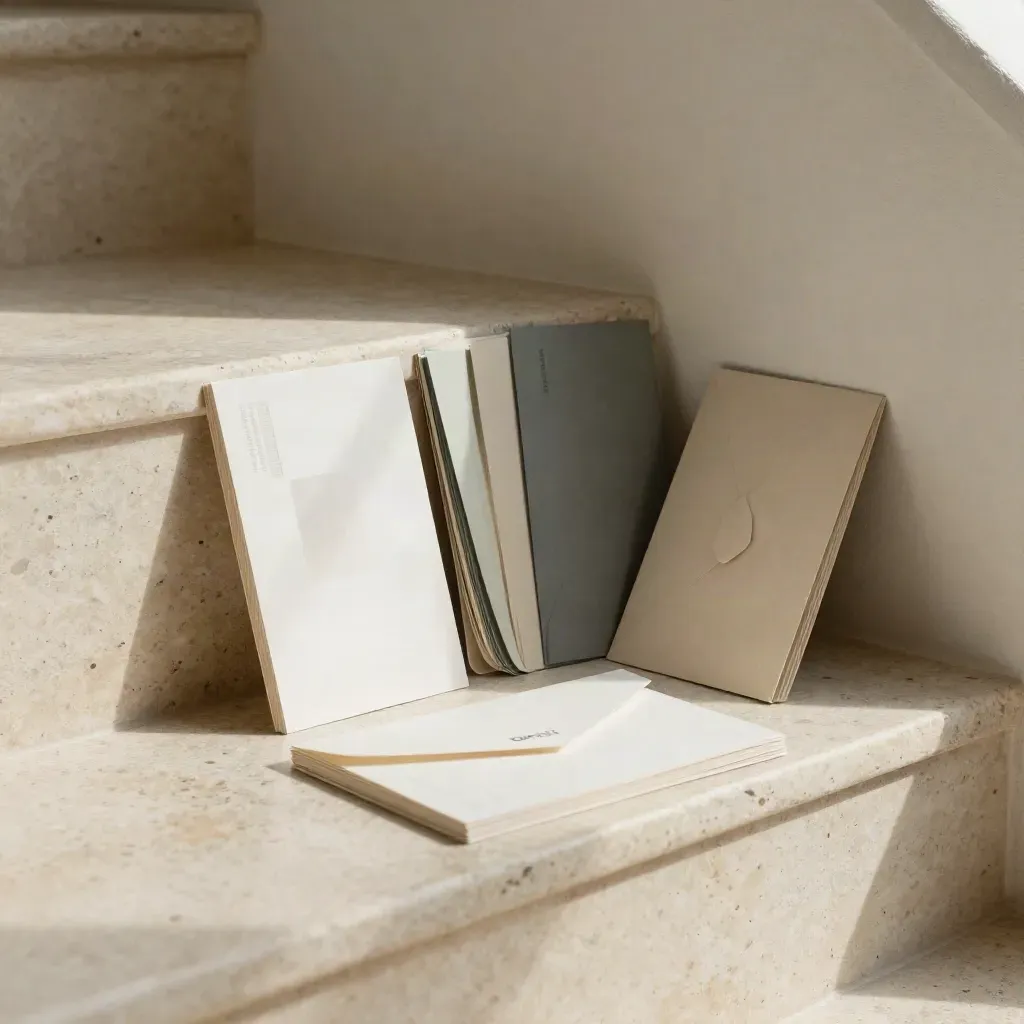 Travertine stair scene with brand refresh cards, swatch fan, and envelope in soft morning light