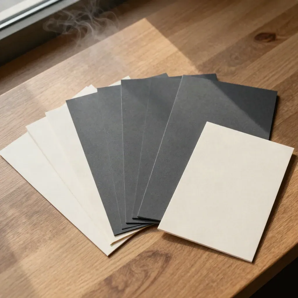 Overhead flatlay of a coffee shop menu kit on pale oak with cards and sign sheets.