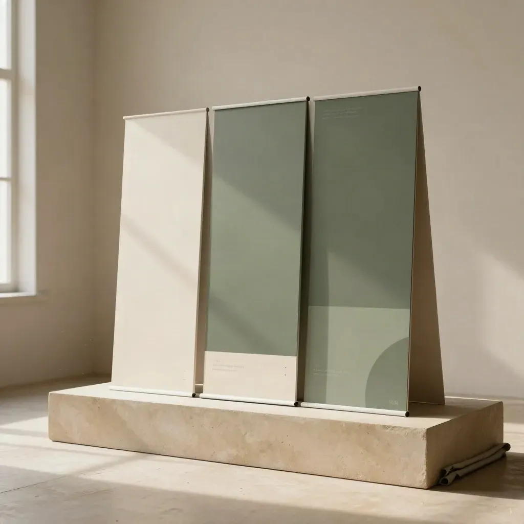 Upright ecommerce header pack with blank panels, CTA blocks and sleeve on a stone plinth.