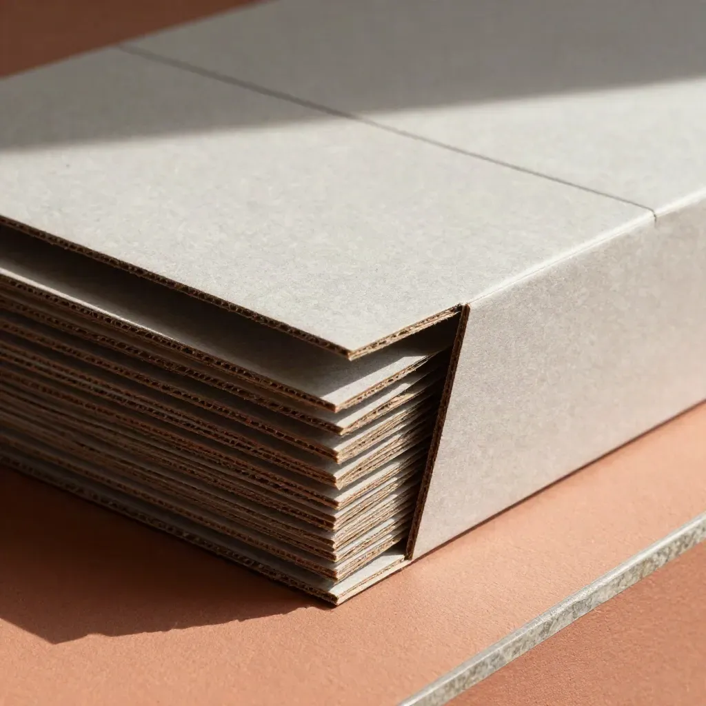 Close-up of folded carton mockups with a sample sleeve catching copper light on terracotta.