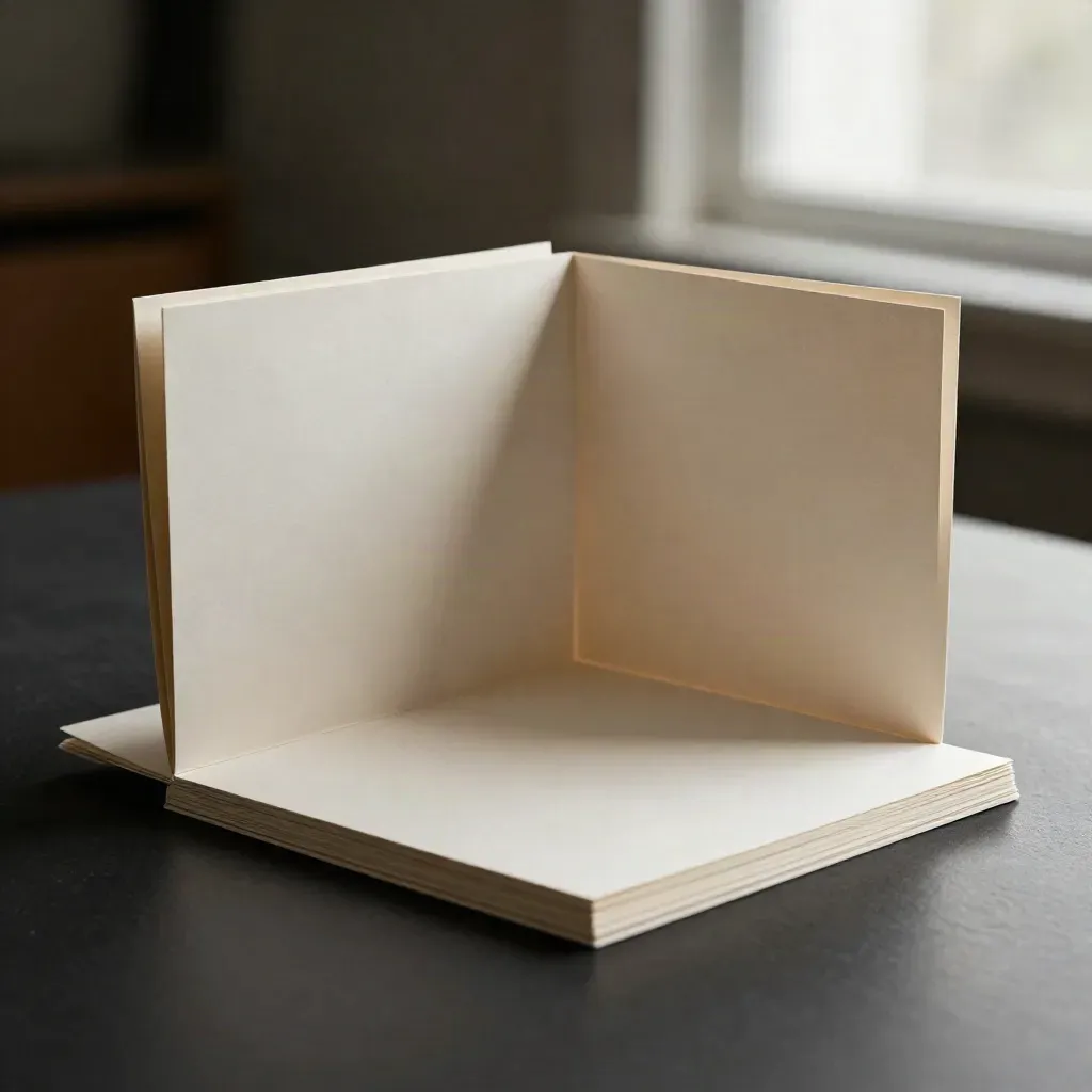 Open investor deck mockup with layered ivory boards and folder on a dark studio surface.
