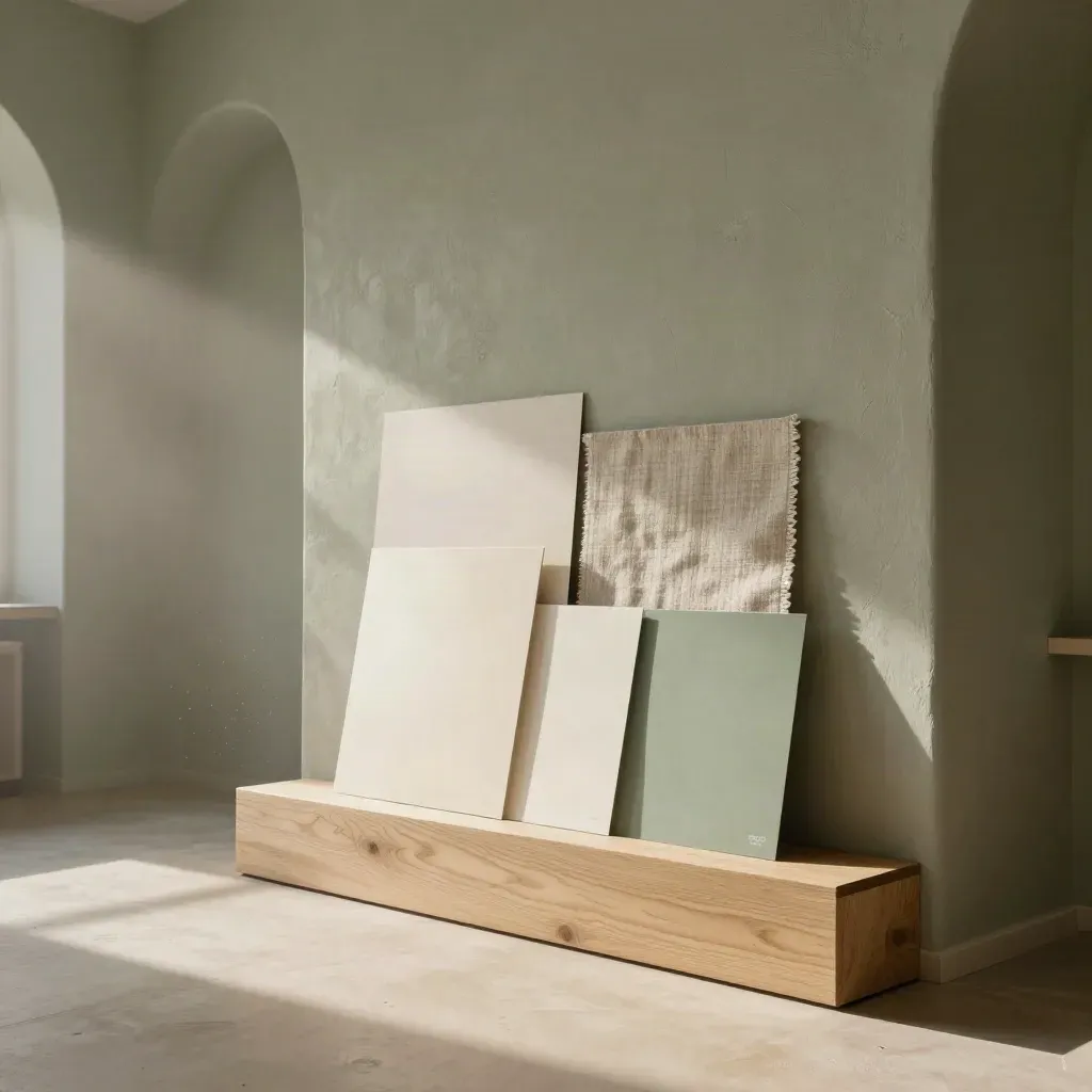 Sunlit European design studio with arched wall, oak plinth, and calm copy space.
