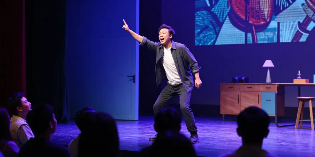 Energetic theatre performance highlighting rokok88 super artistry with expressive actor on stage.