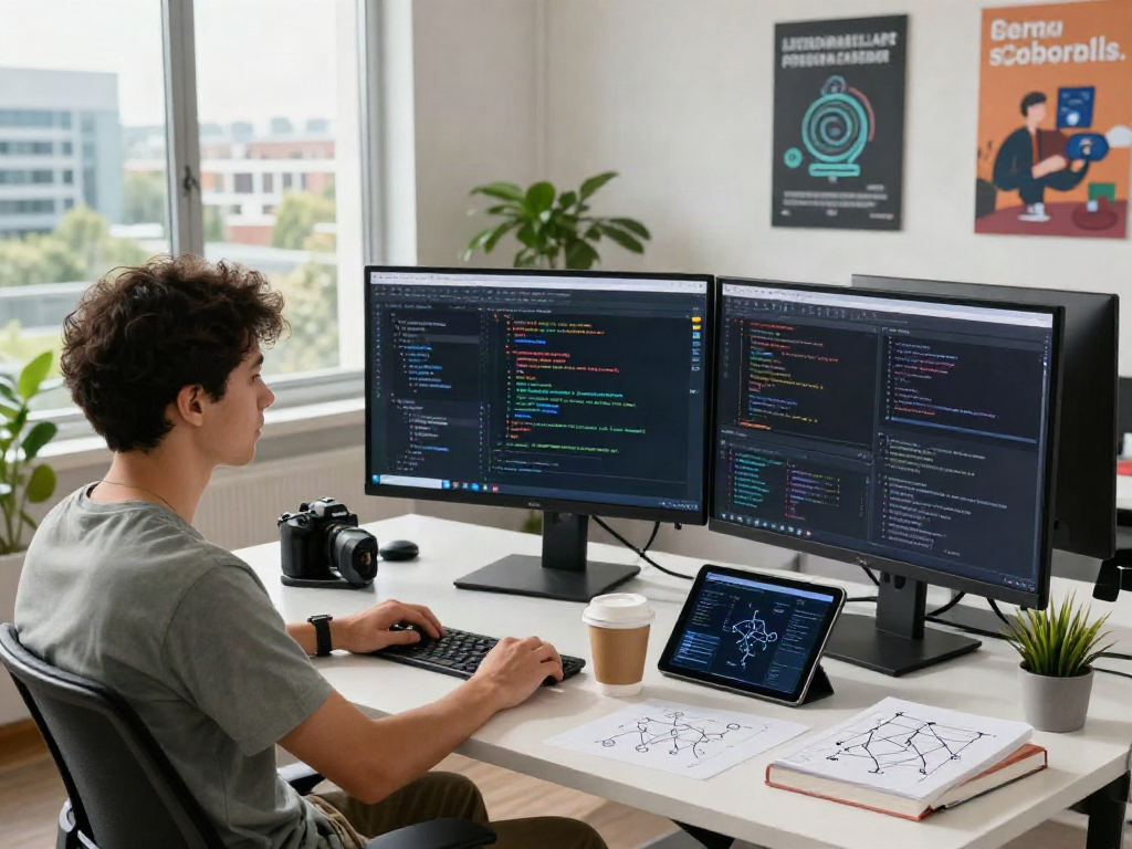 Engineer coding AI algorithms at a modern workstation, illustrating crushonai's innovative technology edge.